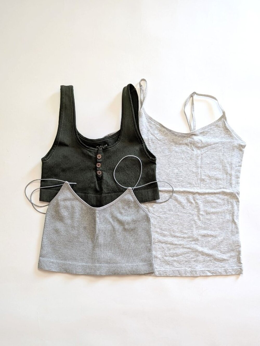 Bundle of 3 Tank Tops: Ribbed Henley Crop, Cami, & Spaghetti Strap